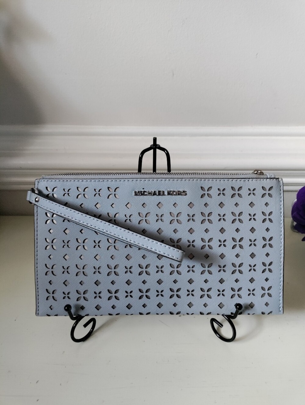 Michael Kors Jet Set Travel Zip Wristlet Light Blue Laser Cut Saffiano Wristlet